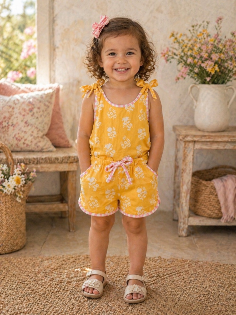 🌼 SWEET HONEY 🌼 Yellow Floral Tie-Shoulder Toddler Romper 2T (018)